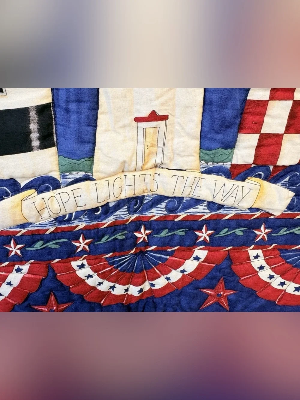 Handmade Patriotic Americana Lighthouse/Sailboat Finished Wall Quilt 23”x41”